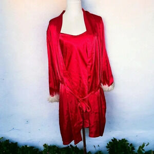 VTG  Donatella Women's Red Two-Piece Robe/Slip Dress Set Size XL Holiday Glam
